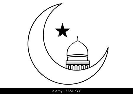 Continuous single line sketch drawing of Islamic Arabic crescent moon, star, Ramadan, Kareem, Eid Mubarak, vector illustration Stock Vector