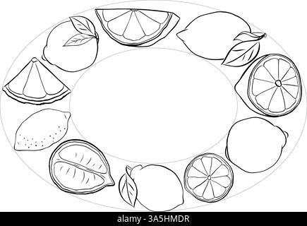 Oval Frame with lemon whole and slices, leaves. Graphic line ink black and white style, floral frames, invitation, party, wedding road signs. Vector i Stock Vector