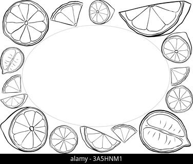 Citric black and white lemon slices rectangle frame. Vector graphic line ink text frame templates. Design for menu, package, cosmetic, textile. Stock Vector