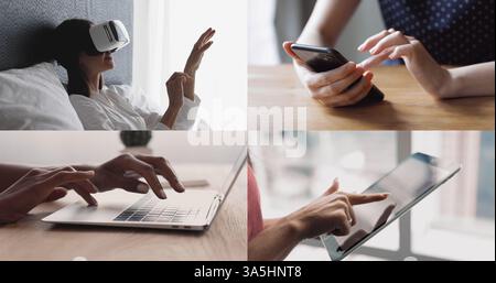 Modern digital interaction through various devices, women using virtual reality headset, smartphone, laptop and tablet, collage. Innovation, connectiv Stock Photo