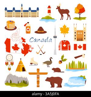 Travel to Canada stickers set. Canadian city landmarks for tourism, hockey and ice skate sport, trees and forest animals, dreamcatcher and teepee of Indian culture cartoon vector illustration Stock Vector