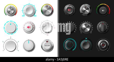 Radio dial. 3D knob buttons. Circle music switch. Round modern rotate control scale. Sound dashboard. Stereo recorder. Amplifier or mixer loud regulators. Audio UI panel tumblers. Vector isolated set Stock Vector