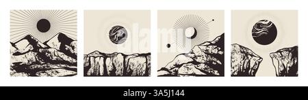 Desert texture. Abstract hipster mountain graphic. Vintage California landscape with grunge black American sky. Monochrome scenery cards. Sun and rocks. Wild nature. Vector silhouette panoramas set Stock Vector