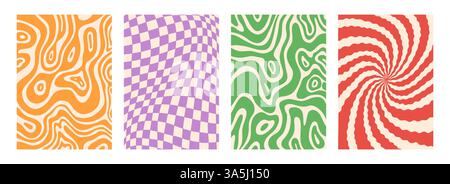 Wave background. Retro line swirl pattern, vintage fun and pop art wavy psychedelic groovy art. Funky and trippy. Flyer or brochure template. Vertical banner backdrop. Vector minimalist surface design Stock Vector