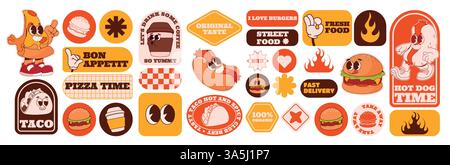 Burger stickers. Retro fast food, coffee and hamburger characters, doodle groovy funky restaurant style. Pizza and taco emblems. Icons set. 70s 80s style. Vector cartoon flat isolated illustration Stock Vector