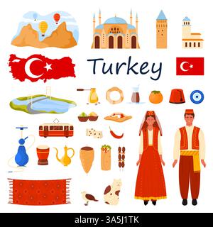 Travel to Turkey set. Turkish people and food menu of Istanbul, map and flag of country, culture elements and famous historical landmarks, Cappadocia rocks and doner kebab cartoon vector illustration Stock Vector