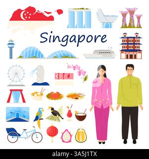 A collection of Singaporean cultural elements, landmarks, traditional attire, and food items. Detailed representation of famous symbols and attractions, vector illustration. Stock Vector