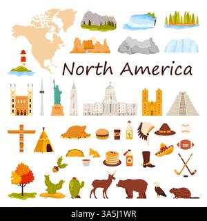 A colorful illustration showcasing North America diverse landscape, iconic landmarks, food and culture with a map and various symbols of the continent. Stock Vector