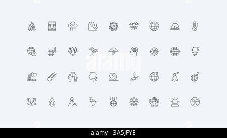 House in flood and earthquake, fire in forest and landslide, drought thin black outline symbols vector illustration. Natural disasters and catastrophe, global risk and damage line icon set Stock Vector