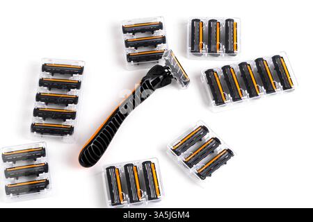 Disposable razors on a white background. Razors for men Stock Photo