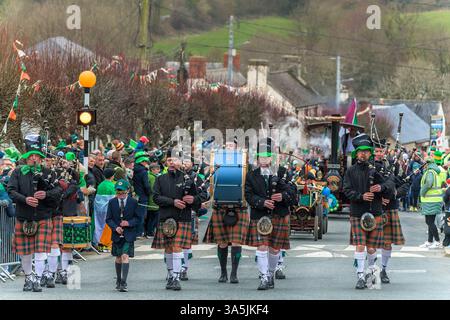St. Patrick Parade. Coolgreany, Ireland. 2025 Irish pipe band marches in kilts and plays bagpipes as a crowd in festive  attire cheers along streets Stock Photo
