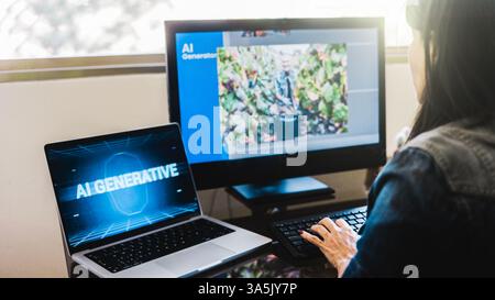 AI app. Woman chat with Artificial Intelligence software in computer at home office. Future digital technology trends Stock Photo