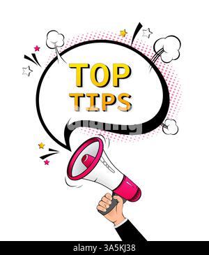 Megaphone - Top tips on white background. Pop style. Vector stock illustration Stock Vector