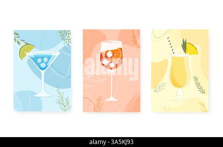 Set of printable posters of cocktail illustrations. Blue lagoon, aperol spritz and pina colada. Stock Vector