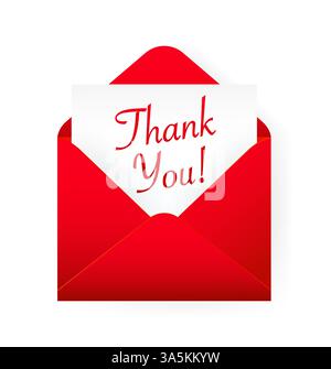 Flat red thank you envelope for decoration design. Vintage banner for celebration design. Red thank you card on white background. Stock Vector
