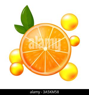 Vitamin C, orange fruit and letter C with two green leaves. Vitamin concept with slice of juicy orange. Healthy complex with chemical formula from Stock Vector