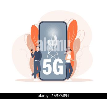 Flat 5g people on light background. Digital communication. Internet technology. Stock Vector