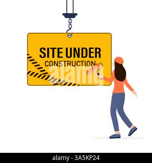 Flat under construction with people for web site design. Minimal design. Technology concept. Flat business template Stock Vector