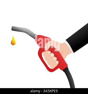 Fuel nozzle with hand in flat style on white background. Cartoon flat vector illustration. Business illustration. Stock Vector