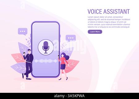 Concept vector illustration of young people with voice assistant, speaker recognition, voice controlled smart speaker. Stock Vector