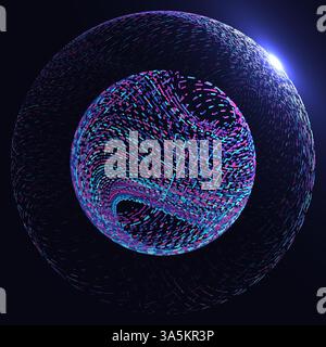 Colorful abstract dashed sphere with streaming neon lines, evoking futuristic and technological concepts, against a dark background. HUD GUI element, Stock Vector