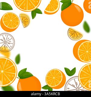 Oranges falling from different angles. Orange citrus background. Flying Orange with green leaf on transparent background. Focused and blurry fruits Stock Vector