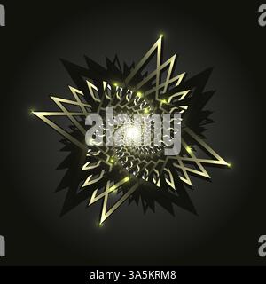 Abstract gold and black star shape. Vibrant glowing spiral with geometric designs creates an evocative digital artistic centerpiece. Perfect for conte Stock Vector