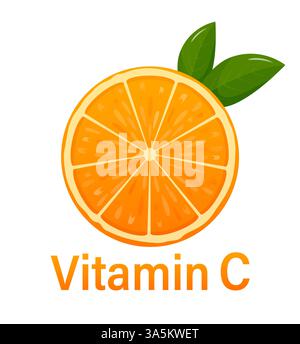 Vitamin C, orange fruit and letter C with two green leaves. Vitamin concept with slice of juicy orange. Healthy complex with chemical formula from Stock Vector