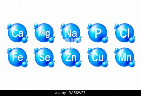 Mineral complex of healthy nutrition. Vector creative design with blue color glossy vitamin pills capsules Stock Vector