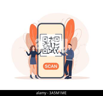 Scan qr code people, great design for any purposes. 3d vector background. Flat design. Vector character illustration Stock Vector
