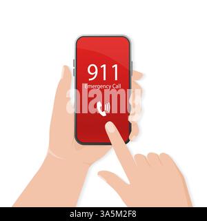 911 calling in flat style. Vector flat design. Mobile phone. Finger touch screen. First aid. Call screen smartphone. Vector mobile device concept. Stock Vector