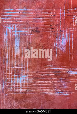 Texture in rust red and white with vertical and horizontal structures, printed using the Gelli print process. Stock Photo