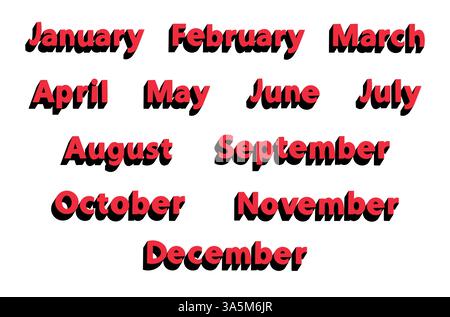 Hand drawn uppercase month names of the year with shadow for stickers, calendars, planner, website design. Stock Vector