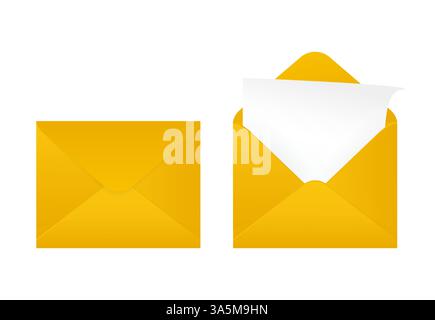 Flat business card with yellow envelope closed on white background for paper design. Blank business card. White background, isolated Stock Vector