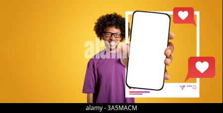Influencer highlights smartphone with social media app against bright backdrop Stock Photo