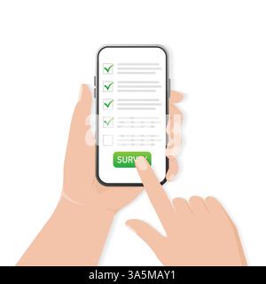 Checklist on smartphone screen. Online survey concept. Hand holds mobile phone and check list with checkboxes and checkmark. Icon for mobile app desig Stock Vector