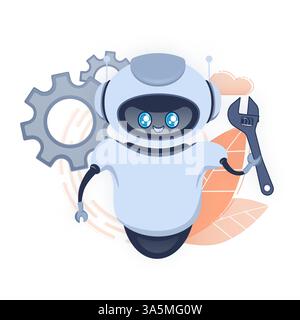 Settings bot in cartoon style. Marketing social media concept. Global social network Stock Vector