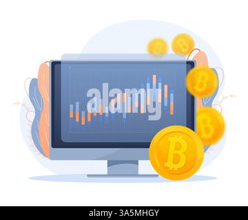 For concept design. Cartoon illustration of bitcoin growth on monitor. Bitcoin exchange. Crypto currency concept Stock Vector