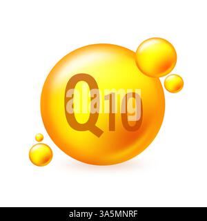 Vitamin Q10 gold shining pill capcule icon. Pill capcule vector illustration on white isolated background Stock Vector