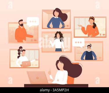 Flat illustration. Video conference. Video call between friends, chatting online by mobile app. Stay at home, work, communication remotely. Vector Stock Vector