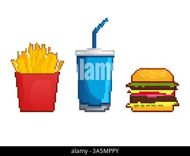 Pixel art set with pixel unhealty food for game design. Vector art illustration. Burger, drink and free potato Stock Vector