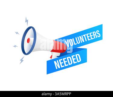 Blue volunteers needed megaphone on white background for flyer design. Vector illustration in flat style. Stock Vector