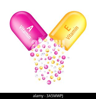 Vitamin complex. Vitamin A, E in capsule. Vector illustration on white background Stock Vector