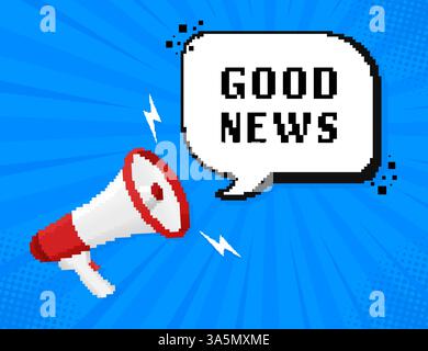 Good news megaphone on white background for flyer design. Pixel style illustration. Vector illustration in flat style. Stock Vector