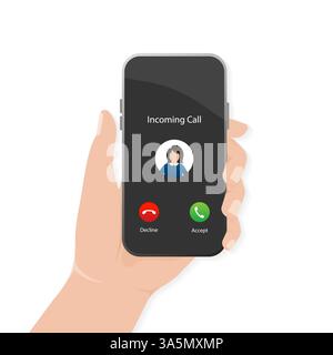 Incoming call in flat style. Perspective vector. Accept button, decline button. Black background. Vector flat design. Call screen mockup. Stock Vector