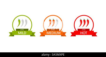 Set of hot red pepper strength scale. Indicator with mild, medium and hot icon positions on white background. Spicy vegetables. Stock Vector