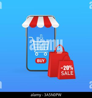 Online shopping hand smartphone for mobile device design. Smartphone with shopping concept. Online store payment. Isometric vector illustration. Stock Vector
