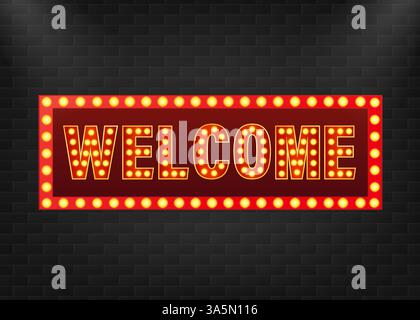 Retro banner welcome on purple backdrop. Light effect. Bright star. Vector design banner. Game sign. Stock Vector