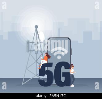 Flat 5g people on light background. Digital communication. Internet technology. Stock Vector
