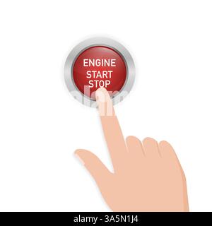 Abstract illustration with red engine start button on white background. Isolated vector icon. Isolated white background. Symbol, sign. Finger touching Stock Vector
